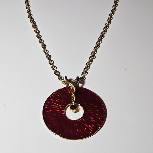 Gold Tone Red Enamel Circular Pendant With Red Rhinestone Accent Necklace 16 To - Picture 14 of 14
